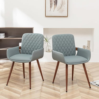 LUNLING Mid Century Modern Dining Room Chairs Set of 2 Accent Faux Leather Chair Bentwood Frame with Armrest,Upholstered Seat,Metal Legs Chair,Adjustable Foot for Kitchen Room Desk Chairs(Blue)