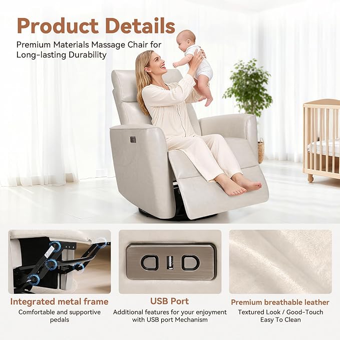 Himimi Power Massage Recliner Chair, Oversized Swivel Rocker Chair with Massage and Heat, Glider Recliner for Adults, USB Charging, Side Pocket, Nursery, Living Room, Bedroom, Ivory