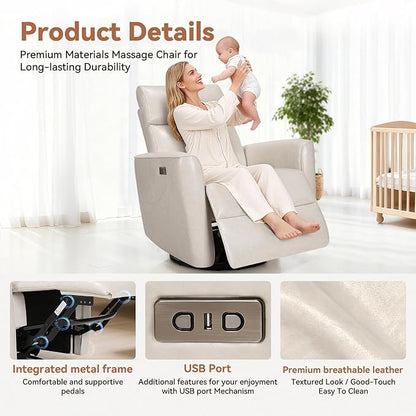 Himimi Power Massage Recliner Chair, Oversized Swivel Rocker Chair with Massage and Heat, Glider Recliner for Adults, USB Charging, Side Pocket, Nursery, Living Room, Bedroom, Ivory