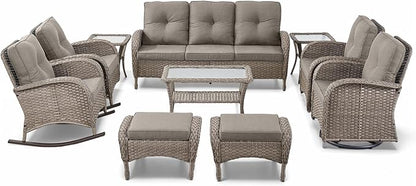 Patio Furniture-All Weather Wicker Patio Conversation Sets with Swivel Patio Chairs High Back Outdoor Couch with Swivel Rocking Chairs Outdoor Furniture for Deck Lawn Porch Balcony Poolside-Grey/Grey