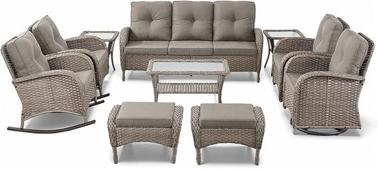 Patio Furniture-All Weather Wicker Patio Conversation Sets with Swivel Patio Chairs High Back Outdoor Couch with Swivel Rocking Chairs Outdoor Furniture for Deck Lawn Porch Balcony Poolside-Grey/Grey