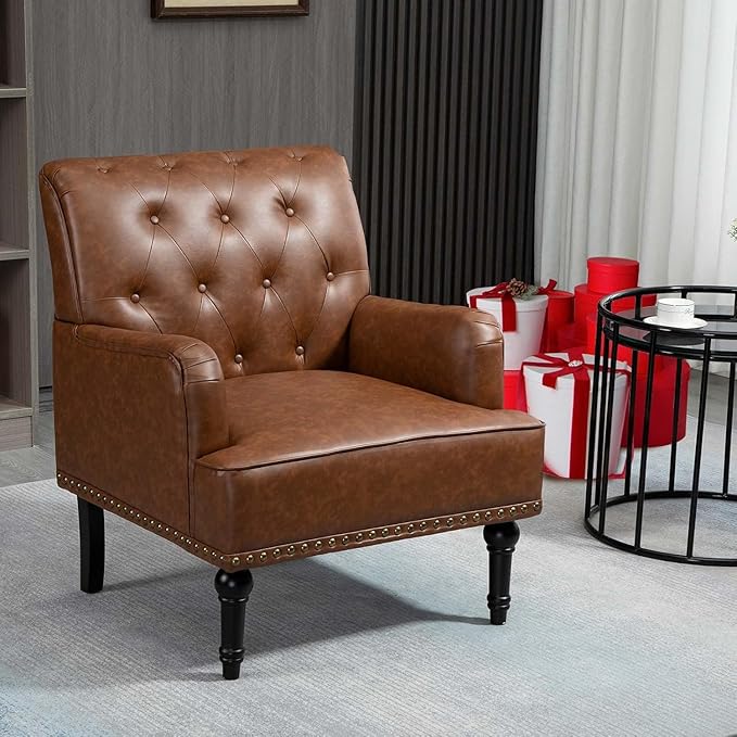 MOJAY Faux Leather Accent Chair Set of 2, Mid-Century Modern Living Room Chair Lounge Study Sofa Chair with Sturdy Wood Legs, Club Chair Armchair for Bedroom Home Study Reception (Brown)