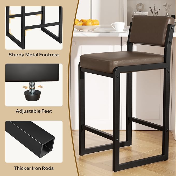 Bar Stools Set of 3, Faux Leather Counter Height Bar Stools with High Back and Metal Legs, Upholstered Bar Chairs, 26" Modern Barstools for Kitchen Island, Dark Brown