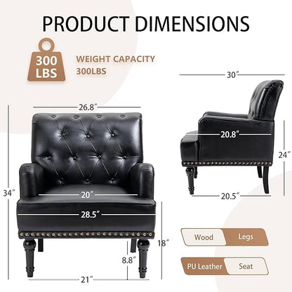 MOJAY Faux Leather Accent Chair, Mid-Century Armchair Living Room Sofa Chair with Rubber Wood Leg, Club Chair with Rivet Trim for Bedroom Reading Room Reception (Black)