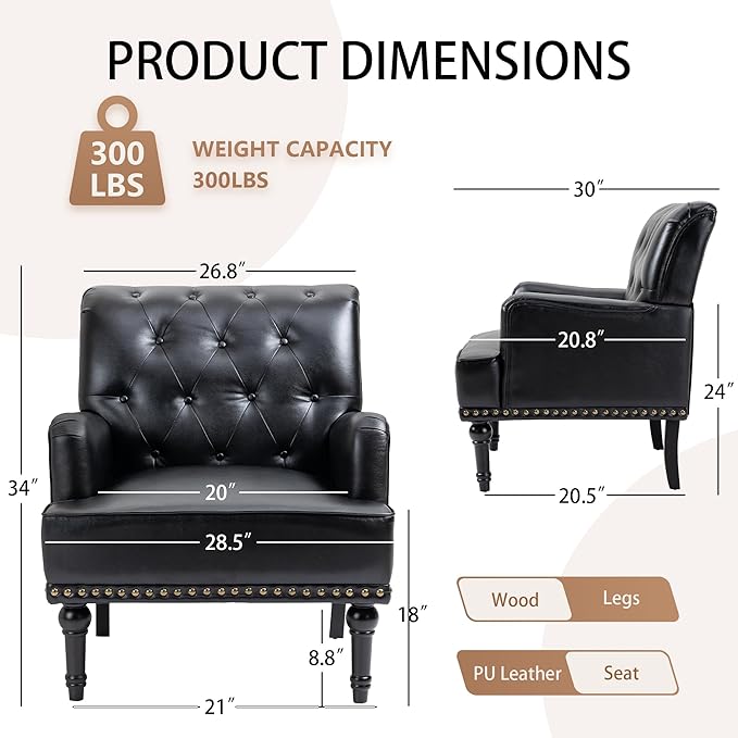 MOJAY Faux Leather Accent Chair Set of 2, Mid-Century Modern Living Room Chair Lounge Study Sofa Chair with Sturdy Wood Legs, Club Chair Armchair for Bedroom Home Study Reception (Black)
