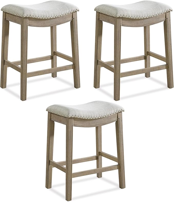 ROME + OAK Set of 3 Parker 26" Counter Stool, Backless Saddle Kitchen Barstool in Reclaimed Oak Finish with Ash Grey Fabric Upholstery Cushion Seat