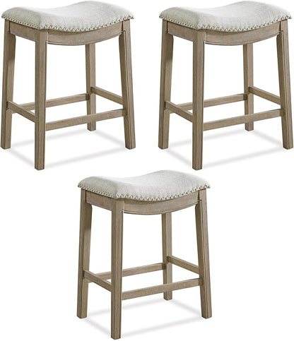 ROME + OAK Set of 3 Parker 26" Counter Stool, Backless Saddle Kitchen Barstool in Reclaimed Oak Finish with Ash Grey Fabric Upholstery Cushion Seat