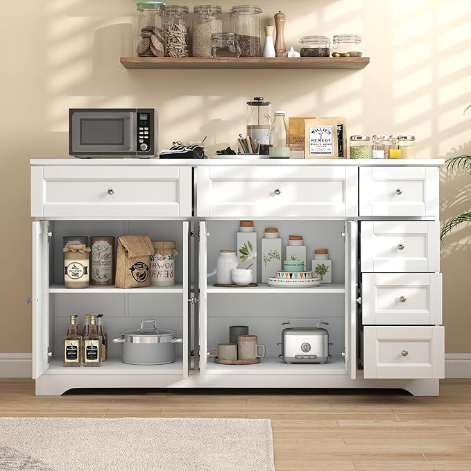 Giantex Large Buffet Cabinet with Storage, 59” Kitchen Cabinet with 4 Doors, 6 Drawers & 2 Adjustable Shelves, Modern Sideboard for Living Room, Coffee Bar, White