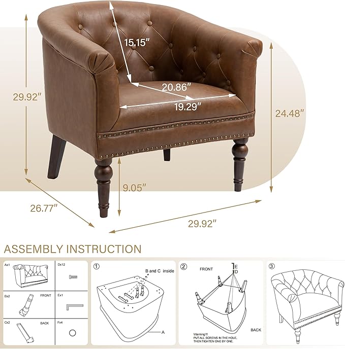 Pia Ricco Faux Leather Barrel Accent Chair, Comfy Club Armchair with Solid Wood Legs, Nailhead Trim Upholstered Single Sofa Chair for Living Room Bedroom/Reading Room, Tan