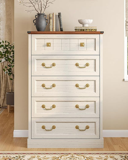 AOGLLATI Farmhouse 5 Drawers Dresser for Bedroom, 48” Tall Wood Rustic Chest of Drawers with Natural Texture, Vintage Design, Black Storage Dresser for Bedroom,Antique White