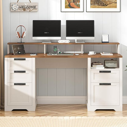 Halitaa 61" Farmhouse Executive Desk with Monitor Stand & File Drawers,Computer Desk with Storage Drawers,Large Workstation LED Lights and Power Outlets for Home Office,Study,White