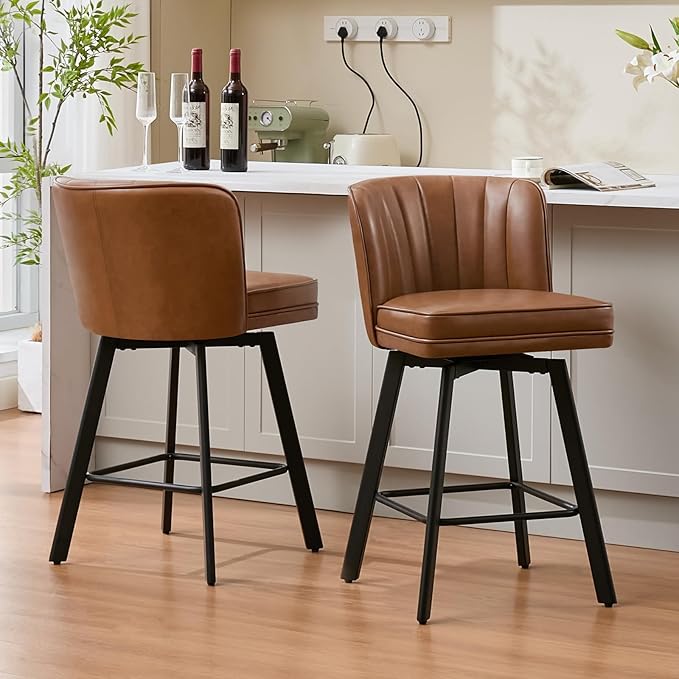Swivel Counter Height Bar Stools Set of 4, 26'' Modern Barstools with Backs and Metal Legs, Upholstered Bar Chairs, Faux Leather Dark Brown Stools for Kitchen Island Chairs
