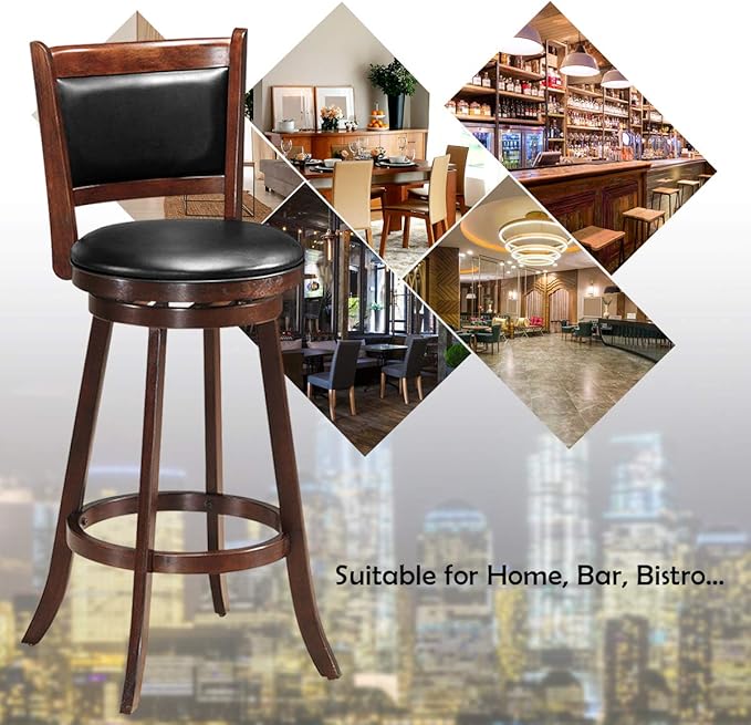 COSTWAY Bar Stools Set of 2, 360 Degree Swivel, Accent Wooden Swivel Seat Bar Height Stool, Leather Upholstered Design, PVC Cushioned Seat, Perfect for Dining and Living Room (Height 29")