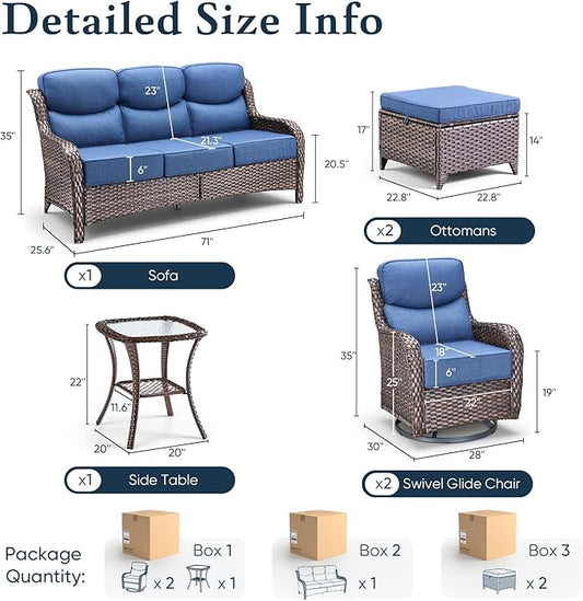 Belord Luxury 6" Thick Cushioned 6 Pieces Patio Furniture Set with Outdoor Couch, Wicker Outdoor Conversation Set with High Back Swivel Rocker Chairs for Deck Porch Yard and Poolside - Brown+Blue