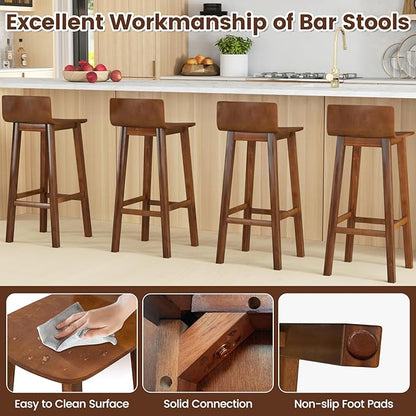 COSTWAY Solid Wood Bar Stools Set of 2, 29-inch Counter Height Chairs with Low Back and Footrest, Farmhouse Wooden Armless Barstools for Kitchen Island, Dining Room, Cafe, Breakfast, Brown