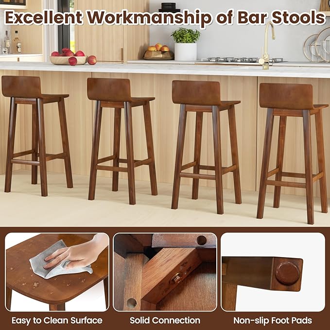 COSTWAY Solid Wood Bar Stools Set of 4, 29-inch Counter Height Chairs with Low Back and Footrest, Farmhouse Wooden Armless Barstools for Kitchen Island, Dining Room, Cafe, Breakfast, Brown