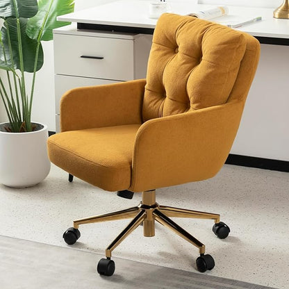 Velvet Office Chair, Comfy Home Office Desk Chairs with Lumbar Support, Modern Velvet Desk Chair Gold Legs Small Swivel Task Chair for Home Office, Bedroom, Study (Yellow, XL)
