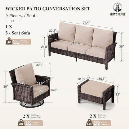 HERA'S HOUSE Patio Furniture Set with Swivel Chairs, High Back Outdoor Wicker Furniture with 5.5" Thick Cushions, Outside Conversation Sofa Sets for Backyard Deck Lawn, Beige