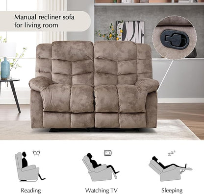 CANMOV Manual Loveseat Recliner, 2 Seat Recliner Sofa Chair with Armrest and Overstuffed Backrest, Couch Set for Living Room, Bedroom, Office, Light Brown