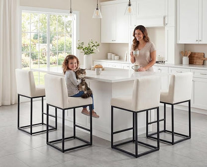 27" Height Bar Stools Set of 4 Counter Height Stools with Back and Footrest for Kitchen Modern Metal Barstools, Linen Upholstered Farmhouse Bar Chairs Island Stools, Cream