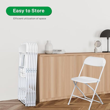 100 Pack White Plastic Folding Chairs, Portable Party Chairs, Stackable Commercial Seats with Steel Frame for Home Office Wedding Party Indoor Outdoor Events Chairs, 350lbs Capacity