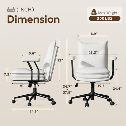 White Leather Office Chair with Wheels, Triple-Layers Thicken Wide Seat Height Adjustable, Mid Back, Comfy Desk Chair for Home, Office