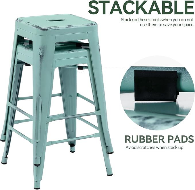 Vogue Furniture Direct 24 Inch Metal Bar Stools, Backless Counter Height Barstools, Indoor Outdoor Stackable Stools with Square Seat, Set of 2 (Distressed Mint Green)