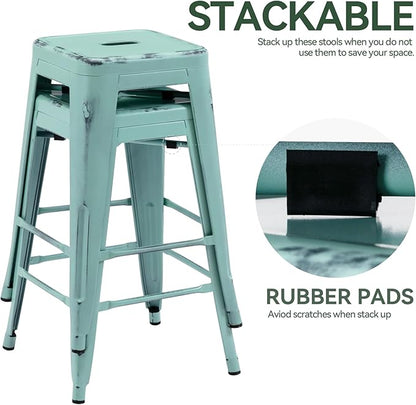 Vogue Furniture Direct 24 Inch Metal Bar Stools, Backless Counter Height Barstools, Indoor Outdoor Stackable Stools with Square Seat, Set of 2 (Distressed Mint Green)