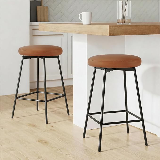 Swivel Bar Stools Set of 4, 24" Counter Height Bar Stool, Backless Barstools with Faux Leather Upholstered Seat&Sturdy Wood Legs for Kitchen Island, Brown
