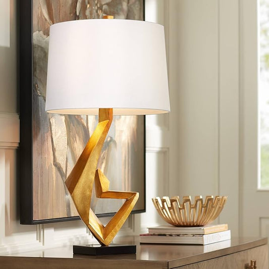 Possini Euro Design Zeus 29 1/2" Tall Modern Glam End Table Lamp Sculptural Gold Leaf Finish Living Room Bedroom Bedside Nightstand House Office Home Reading Kitchen Entryway Console Family Dining