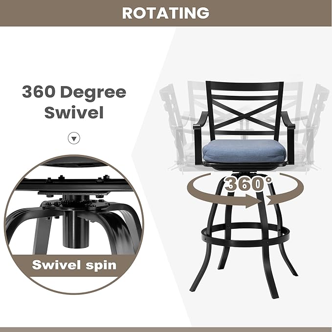 Pellebant 30" Sunbrella Outdoor Bar Stools Set of 2, Aluminum Swivel Patio Bar Height Bar Stools with Back & Footrest, for Deck Lawn Garden(Spectrum Denim)