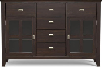 SIMPLIHOME Artisan Buffet - 54 inch Wide Solid Wood 3-Door Sideboard Buffet in Dark Chestnut Brown, Transitional Storage Cabinet for Dining Room or Kitchen with Adjustable Shelves and Bronze Hardware