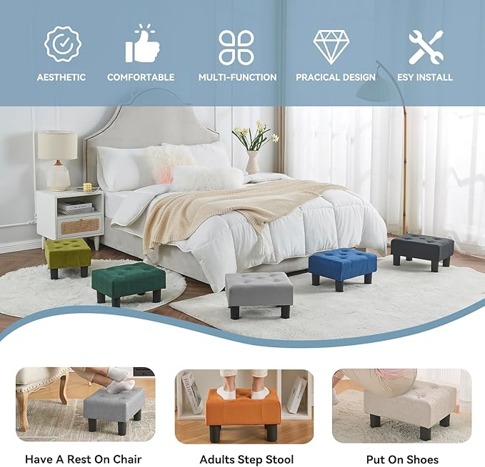 Poofzy Small Foot Stool Ottoman, Linen Ottoman Foot Rest with Legs, Rectangle Foot Rest for Couch, Footstools and Ottomans Small for Living Room and Entryway (Light Gray)