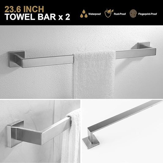 Lava Odoro 5-Piece Bathroom Hardware Accessories Set Brushed Nickel, Bathroom Towel Bar Holder Sets Wall Mounted Stainless Steel, 23.6-Inch