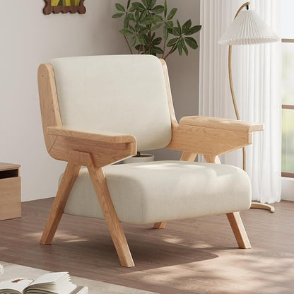 Mid Century Modern Accent Chair, Fabric Upholstered Lounge Arm Chair with Solid Wood Frame for Living Room, Bedroom, Office, Reading Corner (White, Single Chair)