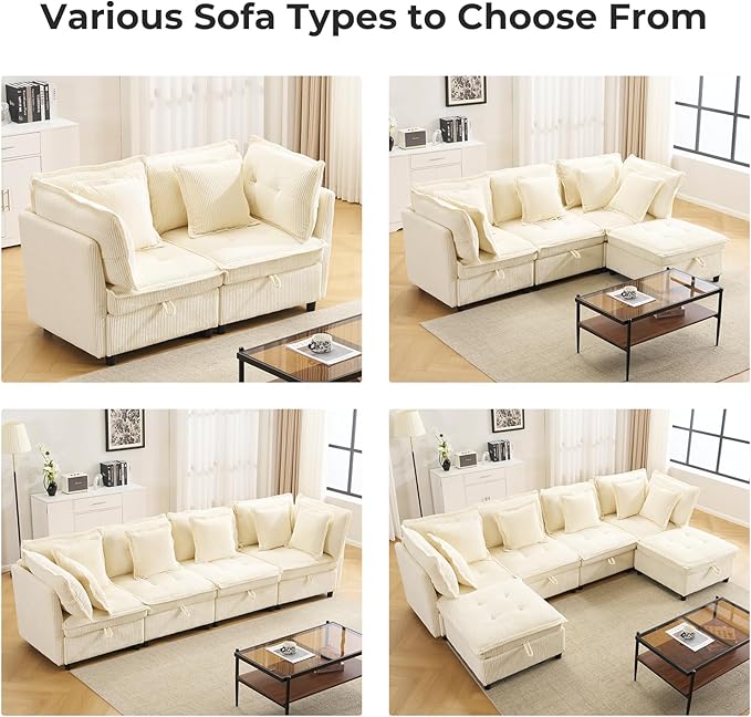 133" Modular Sectional Sofa, L-Shaped Corduroy Comfy Sectional Couches for Living Room, 3-Seater Cloud Couches with 1 Ottoman, Modern Deep Seat Sofa with Large Storage, Corduroy Beige