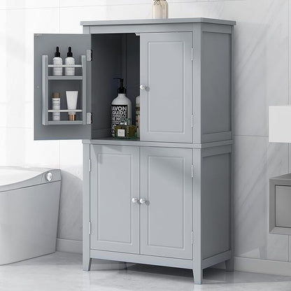 Tall Storage Cabinet, Bathroom Floor Freestanding Storage Cabinet with 2 Double-Door and Adjustable Shelves for Bathroom, Office, Living Room, Grey