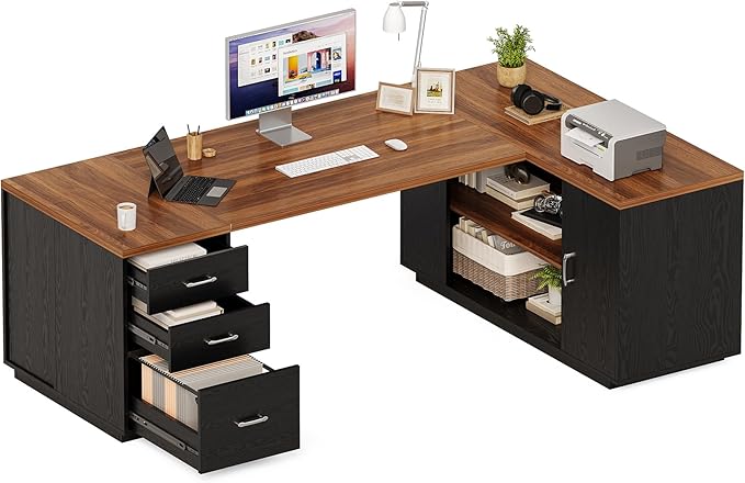LITTLE TREE 87-Inch Modern Executive Desk with File Cabinet, Large Home Office Desk with Drawers, 3-Drawer Wooden File Cabinet, Spacious Workstation for Home Office (Brown & Black)