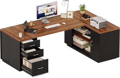 LITTLE TREE 87-Inch Modern Executive Desk with File Cabinet, Large Home Office Desk with Drawers, 3-Drawer Wooden File Cabinet, Spacious Workstation for Home Office (Brown & Black)