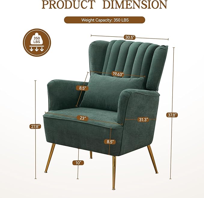 Fabric Accent Living Room Arm Chair with Pillow & Golden Legs, 8.5" Thick Cushion, Mid Century Modern Wingback Chairs Upholstered Comfy Sofa Armchair for Reading Room/Bedroom, Green