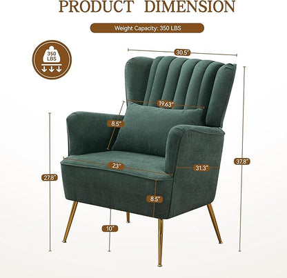 Fabric Accent Living Room Arm Chair with Pillow & Golden Legs, 8.5" Thick Cushion, Mid Century Modern Wingback Chairs Upholstered Comfy Sofa Armchair for Reading Room/Bedroom, Green