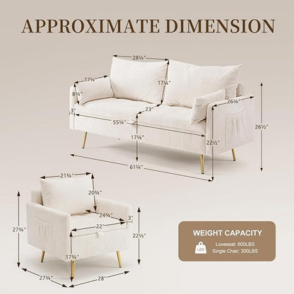 Furnimart 3-Seater Storage Sofa and Couch, Corduroy Loveseat with Accent Single Chair, Small Living Room Furniture Set for Apartment, Tiny Homes and Lofts, 2PC-Beige