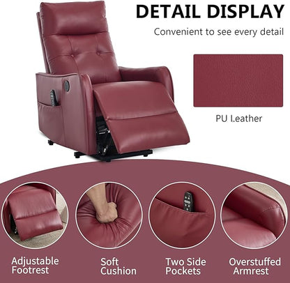 PELUMY Manual Lift Recliner Chair with Massage and Heat for Elderly, Single Motor Electric Lift Chair, Heavy Duty Recliner with USB Charging & Side Pockets (Breathable Leather, Red)