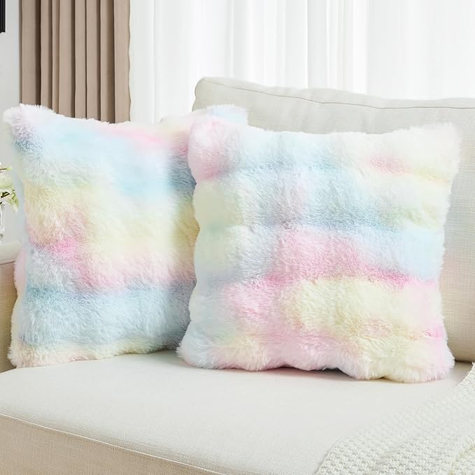 FUTEI Rainbow Decorative Throw Pillow Covers 20x20 Inch Set of 2,Soft Fuzzy Faux Rabbit Fur Cushion Covers with Raised Texture,Neutral Boho Home Decor for Couch Bed Living Room