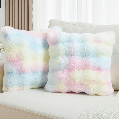 FUTEI Rainbow Decorative Throw Pillow Covers 16x16 Inch Set of 2,Soft Fuzzy Faux Rabbit Fur Cushion Covers with Raised Texture,Neutral Boho Home Decor for Couch Bed Living Room