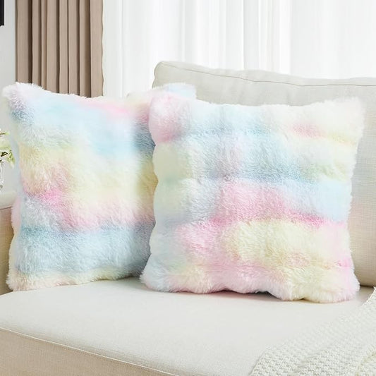 FUTEI Rainbow Decorative Throw Pillow Covers 22x22 Inch Set of 2,Soft Fuzzy Faux Rabbit Fur Cushion Covers with Raised Texture,Neutral Boho Home Decor for Couch Bed Living Room