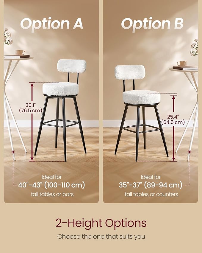 VASAGLE 360° Swivel Bar Stools Set of 2, Counter Height Bar Stools with Back, Boucle Fabric, Contemporary Modern, 25.4 Inch Tall, Kitchen and Home Bar, Cloud White ULBC130W01V1