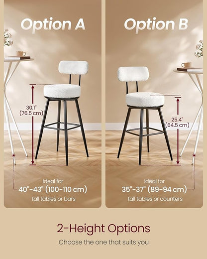 VASAGLE 360° Swivel Bar Stools Set of 2, Bar Height Bar Stools with Back, Boucle Fabric, Contemporary Modern, 30.1 Inch Tall, Kitchen and Home Bar, Cloud White ULBC131W01V1