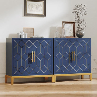 HLR Accent Cabinet with Gold Trim Set of 2,Storage Cabinet with 2 Doors,Modern Wooden Sideboard for Living Room, Kitchen, Office and Hallway(Blue)