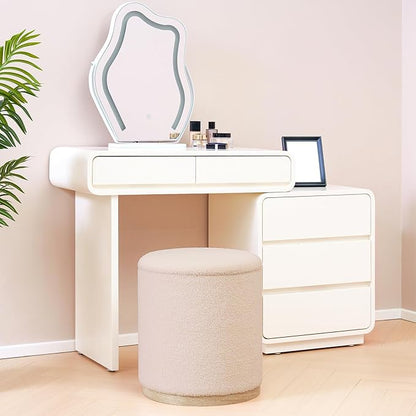 PINPLUS Round Ottoman with Storage Set of 2, Vanity Stool with Storage, Small Ottoman with Tray Teddy Velvet Foot Rest Stool for Bedroom, Living Room, Dorm (Beige)